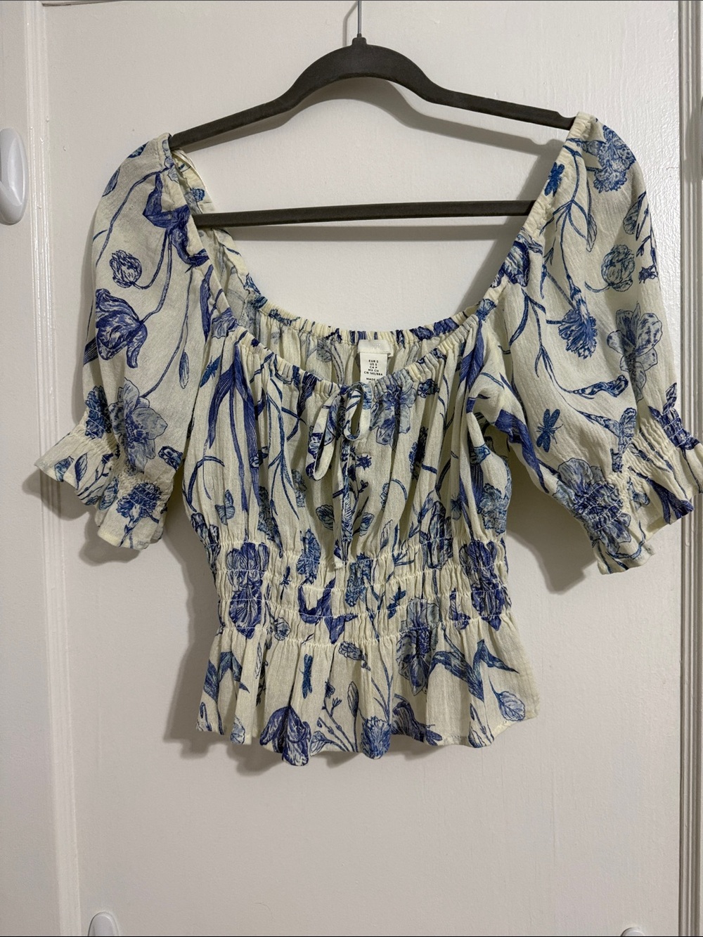 H&M Cream Floral Smocked Peasant Blouse with Blue Print